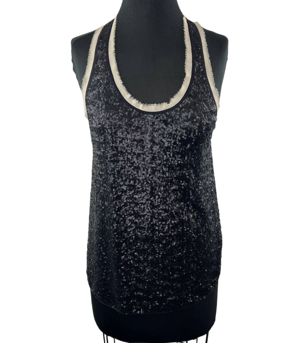 ARITZIA Wilfred Black Silk Sequin Sparkle Beige Trim Scoop Neck Racerback Tank S